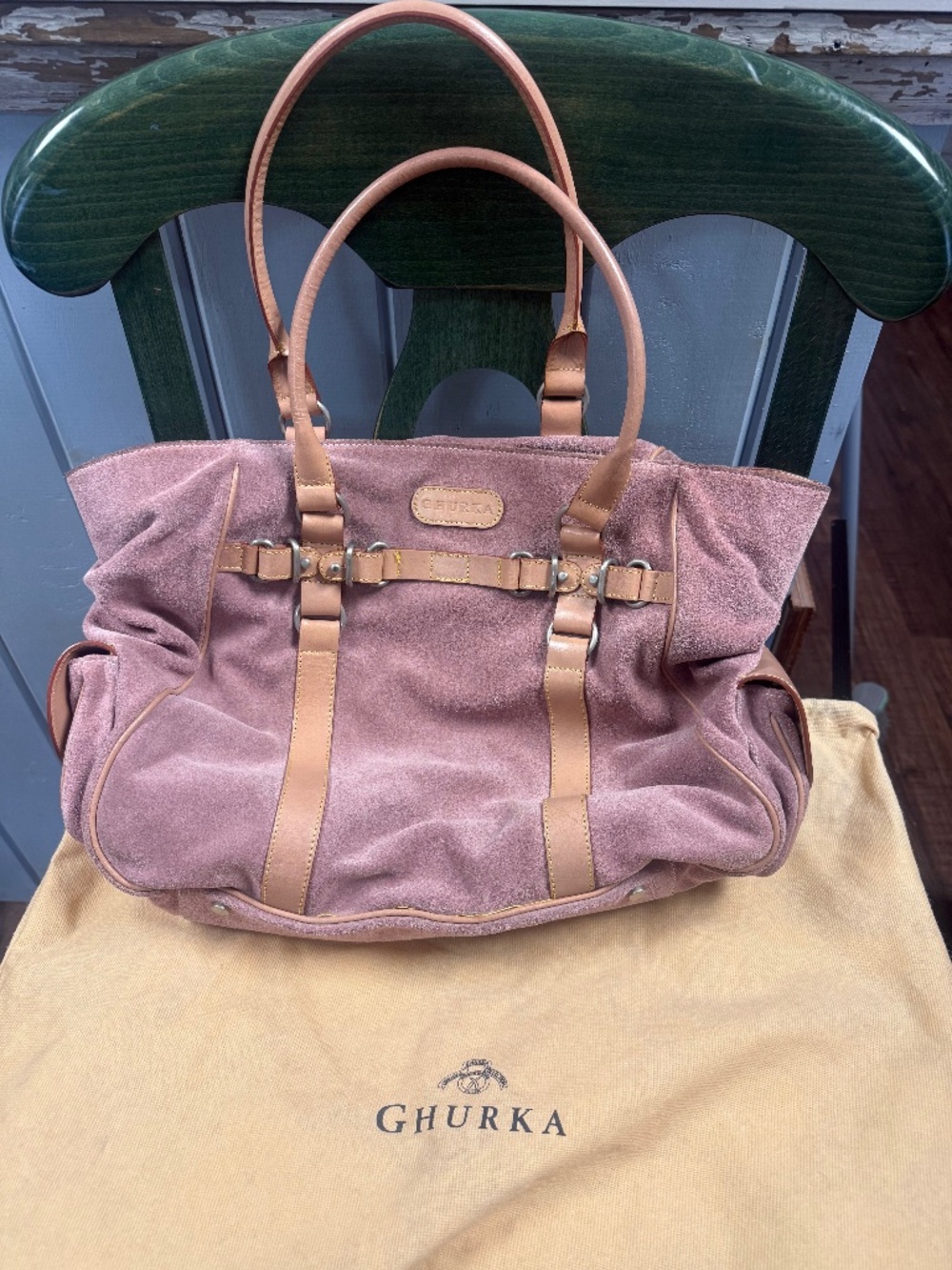 Ghurka Suede Leather Shoulder Bag in Dusty Rose with Pouch